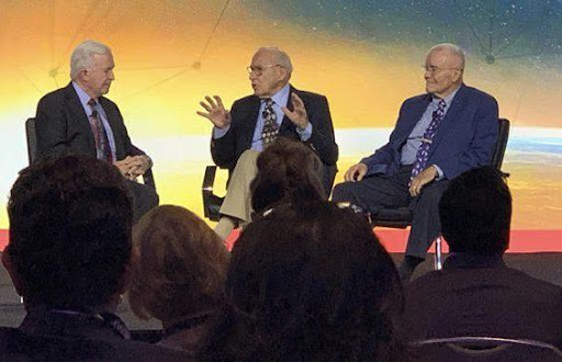 With Apollo 13 Astronauts Jim Lovell and Fred Hayes at a meeting of the American Hospital Association July of 2019.